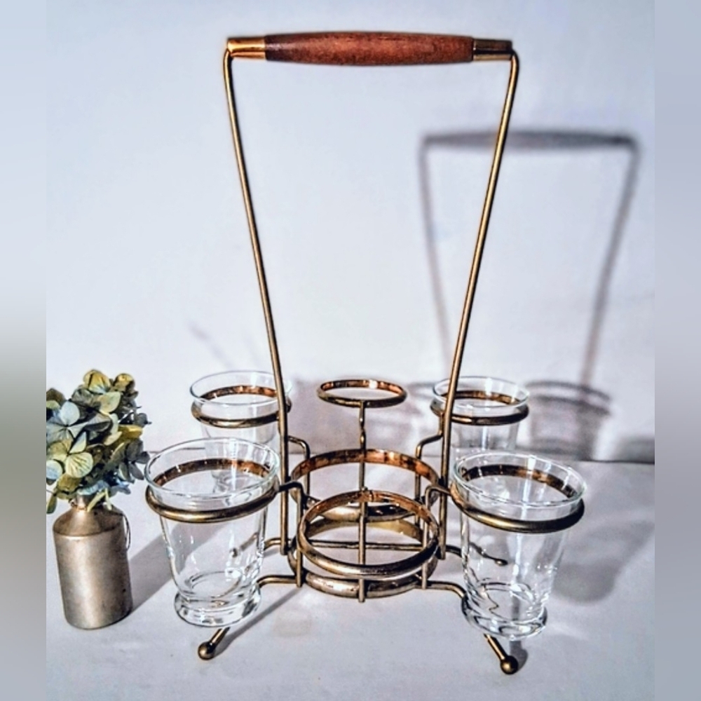 MCM Atomic Era Glass Caddy - Teakwood Handle - 5 Anchor Hocking Included
